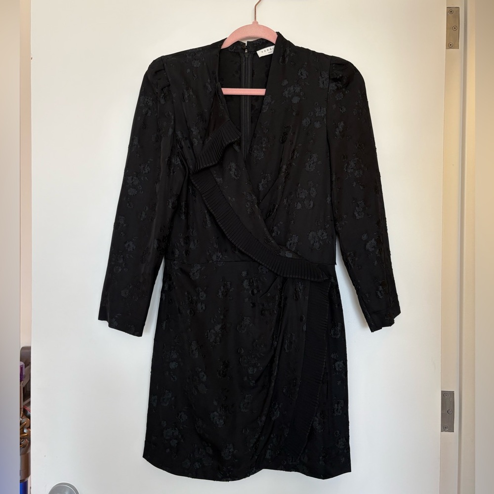 Sandro Black Floral Jacquard Long Sleeve Wrap Dress